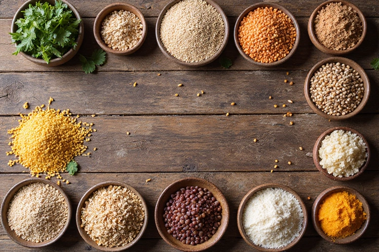Mesa con diversos alimentos integrales y legumbres