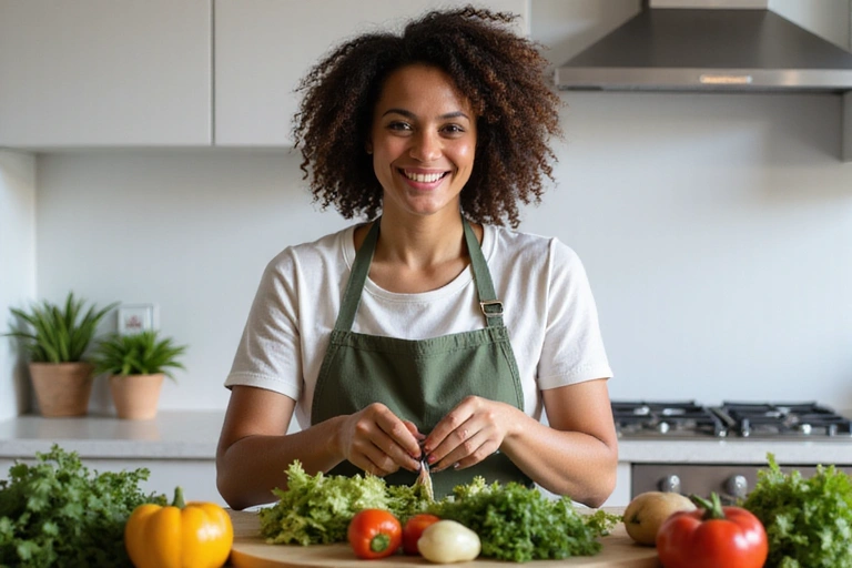 Mujer sonriente preparando ensalada fresca