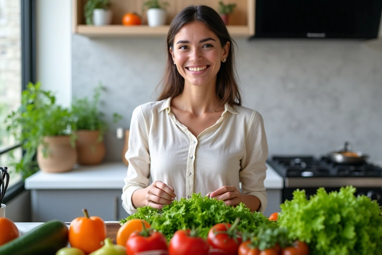 Mujer sonriente preparando ensalada fresca