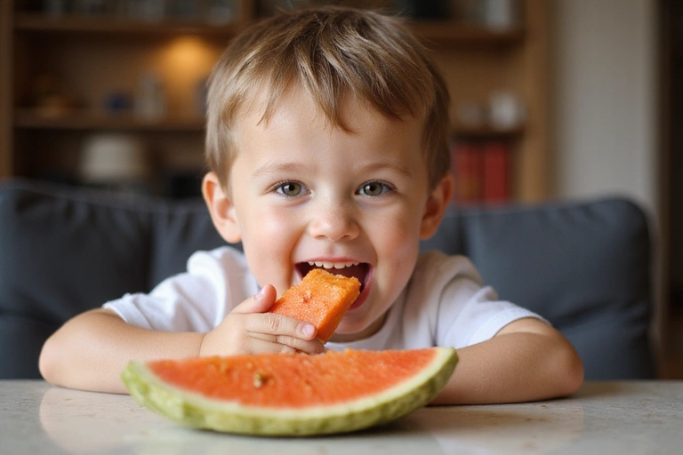 Niño feliz comiendo fruta fresca