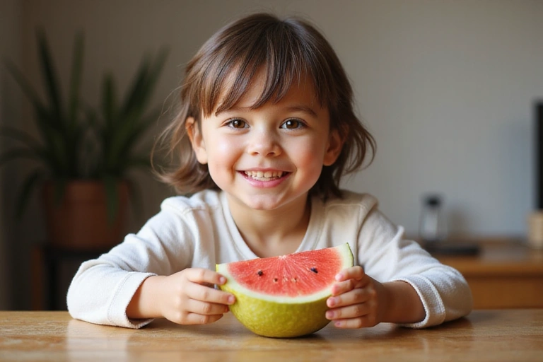 Niño feliz comiendo fruta fresca
