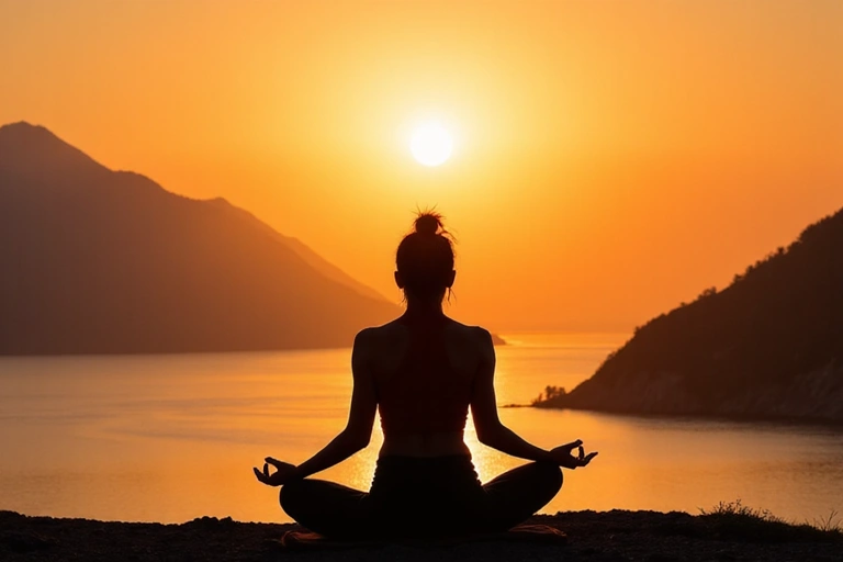 Persona haciendo yoga al amanecer