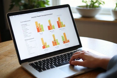 Laptop con gráficos de nutrición y mano escribiendo, simbolizando consulta nutricional online