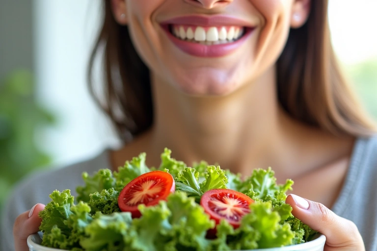 Mujer sonriendo mientras come una ensalada, simbolizando vida saludable y bienestar