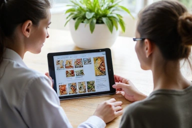 Nutricionista explicando un plan de alimentación personalizado a un cliente, mostrando interacción y personalización