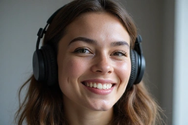 Persona escuchando con auriculares y sonriendo, simbolizando apoyo y motivación