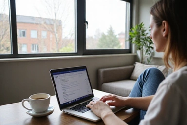 Persona usando un portátil en un entorno cómodo, simbolizando flexibilidad y comodidad de las consultas online