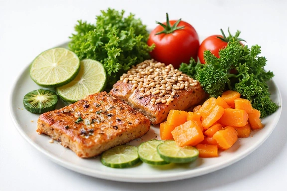 Plato colorido con verduras frescas y proteínas, simbolizando alimentación equilibrada