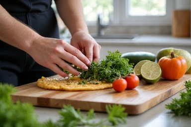 Una persona preparando una comida saludable con una tabla de cortar y verduras frescas, simbolizando planes personalizados