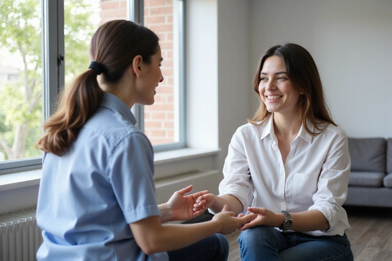 Una nutricionista interactuando con un cliente en una sesión de consulta, ambos sonriendo.
