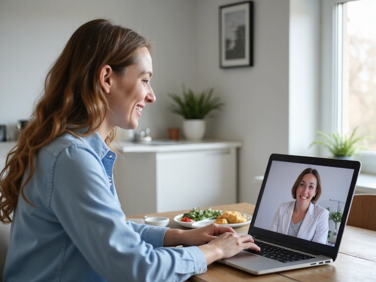 Mujer sonriendo mientras tiene una consulta nutricional online con su nutricionista en una videollamada.