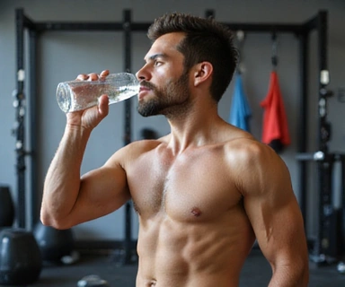 Un atleta bebiendo agua después de un entrenamiento intenso, con equipos deportivos de fondo.