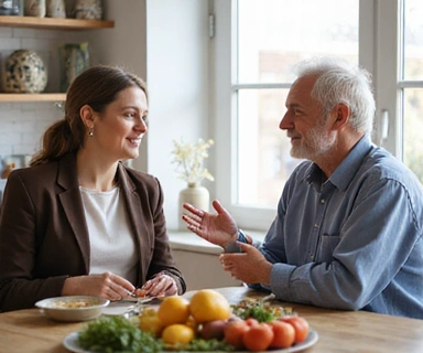 Una persona mayor hablando con un nutricionista, quien le explica un plan de dieta saludable.