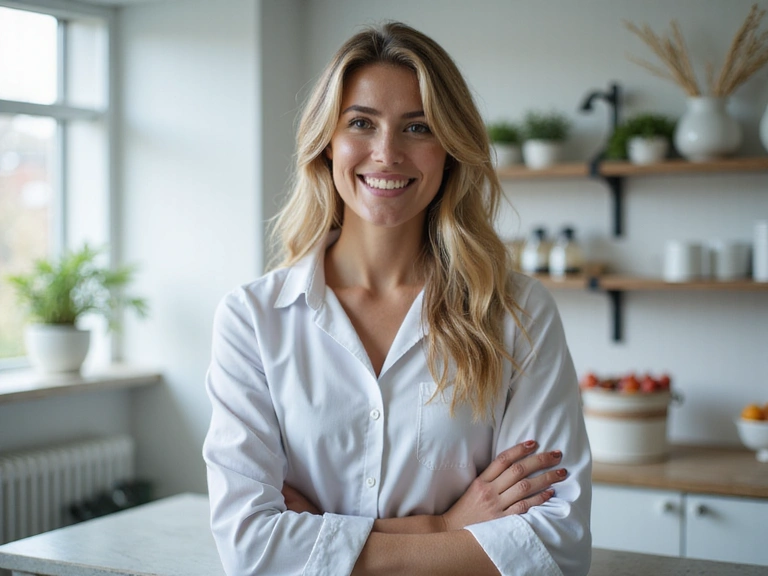 Retrato profesional de la nutricionista de NutriVida Saludable, sonriendo en un entorno moderno y limpio.