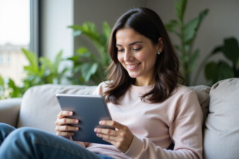 Mujer leyendo un artículo de nutrición en una tableta