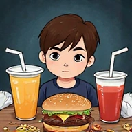 Ilustración de una persona comiendo comida poco saludable (antes)