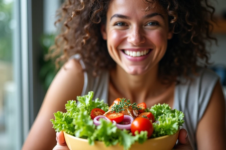 Mujer sonriente comiendo una ensalada saludable